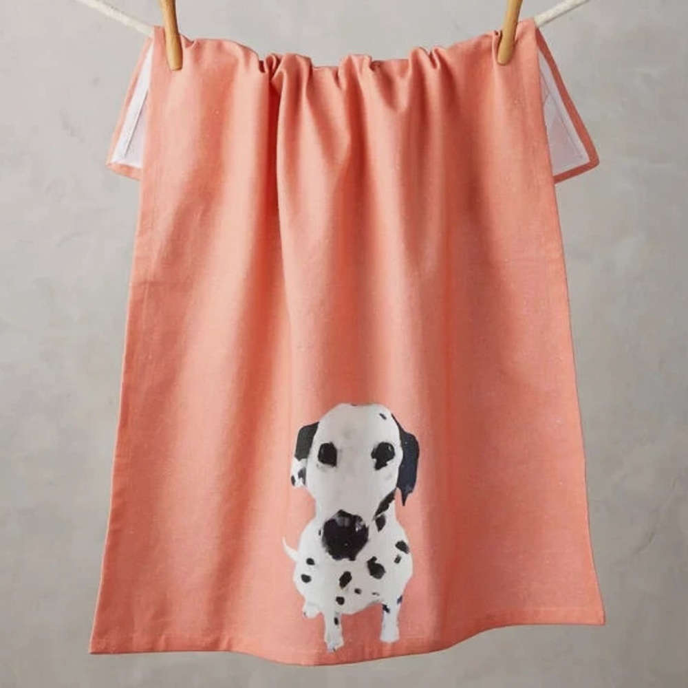 Anthropologie Coral Dalmatian Print Kitchen Towel
